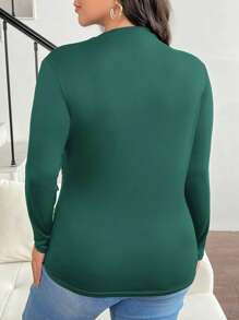 SHEIN Frenchy 大码立领褶皱修身 T 恤 - 墨綠色 - 查看 2