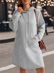 EMERY ROSE 大码女式纯色长袖抽绳连帽宽松休闲连衣裙，带口袋，女士冬季连衣裙
