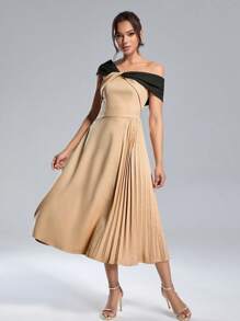SHEIN Belle Vestido de fiesta elegante de mujer con bloque de colores, cuello asimétrico, cintura fruncida, para verano, semi formal, para fiesta de graduación, boda, invitados