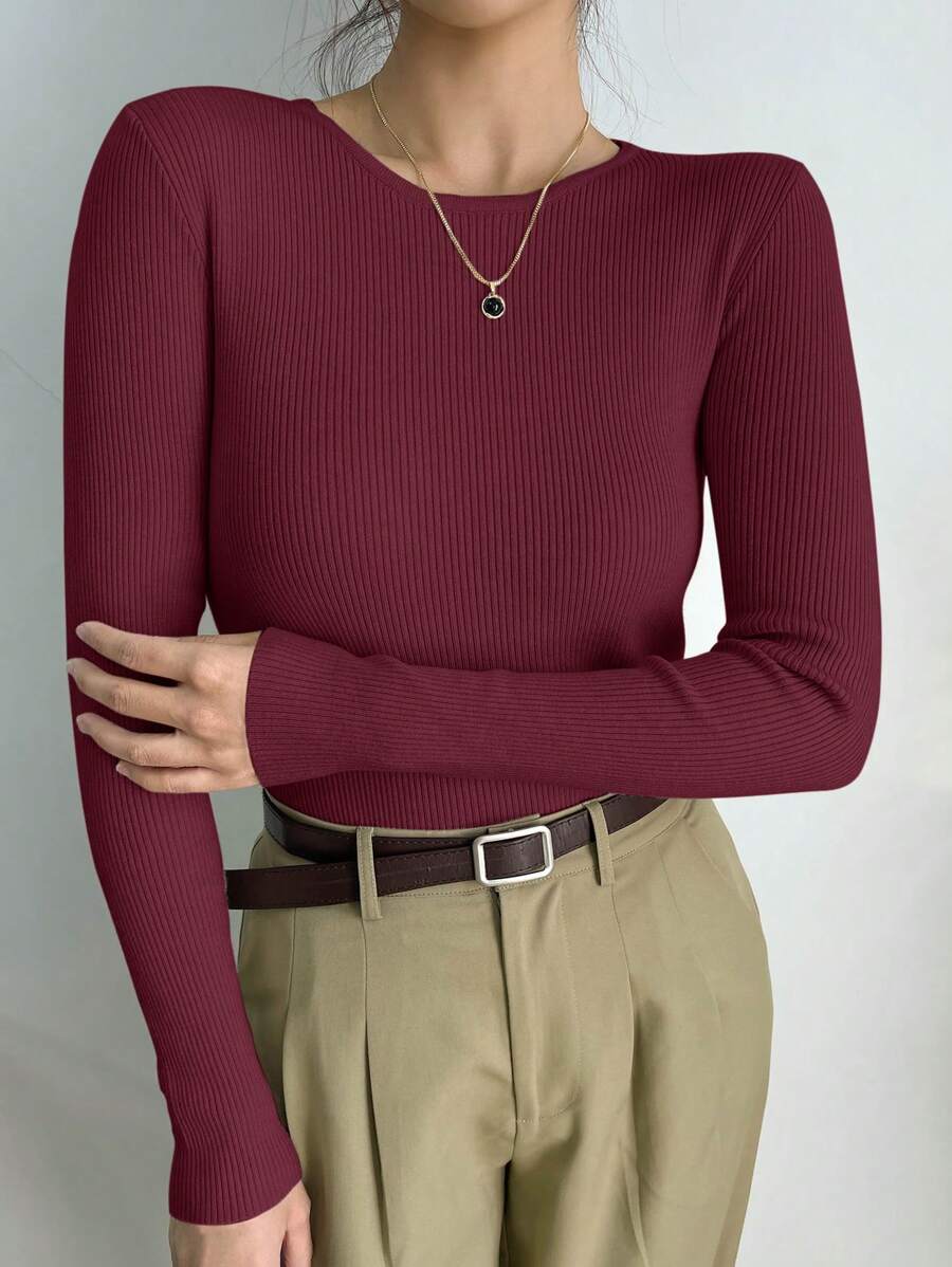 DAZY Women Casual Solid Color Slim Fit Knit Long Sleeve Sweater, Multipurpose For Autumn/Winter - Red - View 1