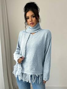 SHEIN Clasi Women Casual Solid Color Scarf With Fringe Pullover Sweater Knit Pullover Fall Winter - Blue - View 3
