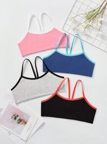 SHEIN 4pcs Set Tween Girls Minimalist Comfy Contrast Strap Camisole Bralette Set