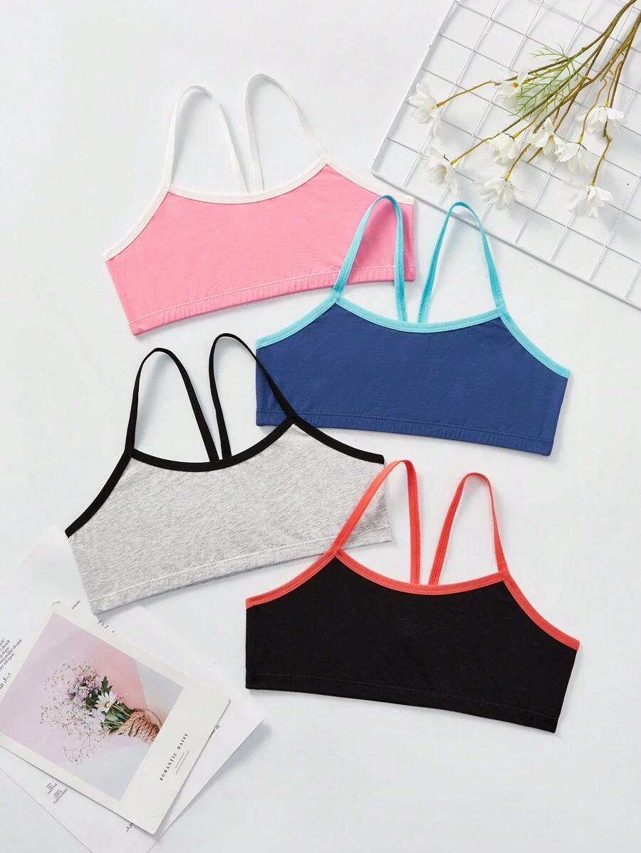 SHEIN 4pcs Set Tween Girls Minimalist Comfy Contrast Strap Camisole Bralette Set