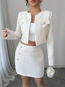 Calvaya Set de 2 piezas de chaqueta de manga larga y falda midi a cuadros de tweed para mujer, conjunto elegante para otoño/invierno