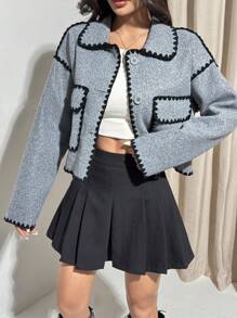 SHEIN EZwear Contrast Color Trim Front Button Pocket Cropped Long Sleeve Overcoat