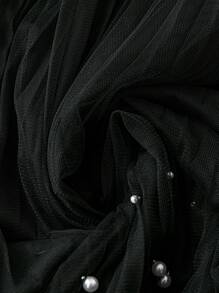 SHEIN Unity Váy lưới Maxi xếp ly màu trơn cạp chun giả ngọc trai trang trí cỡ lớn cho nữ - màu đen - Xem 3