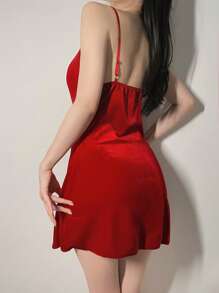 SilkySpell Solid Color Velvet Camisole Sleep Dress With Front Pleated Twisted Design, For Fall Winter, Christmas - Burgundy - View 5