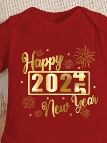 2025 New Year Baby Boy Slogan Print Round Neck Short Sleeve Casual T-Shirt Bodysuit - Red - View 4