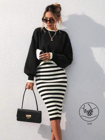 Aveloria Modichic 2 Stücke/Set passendes Streifensaum Vintage Pullover und gestreifter Pullover Weste Kleid Set Oversized Pullover
