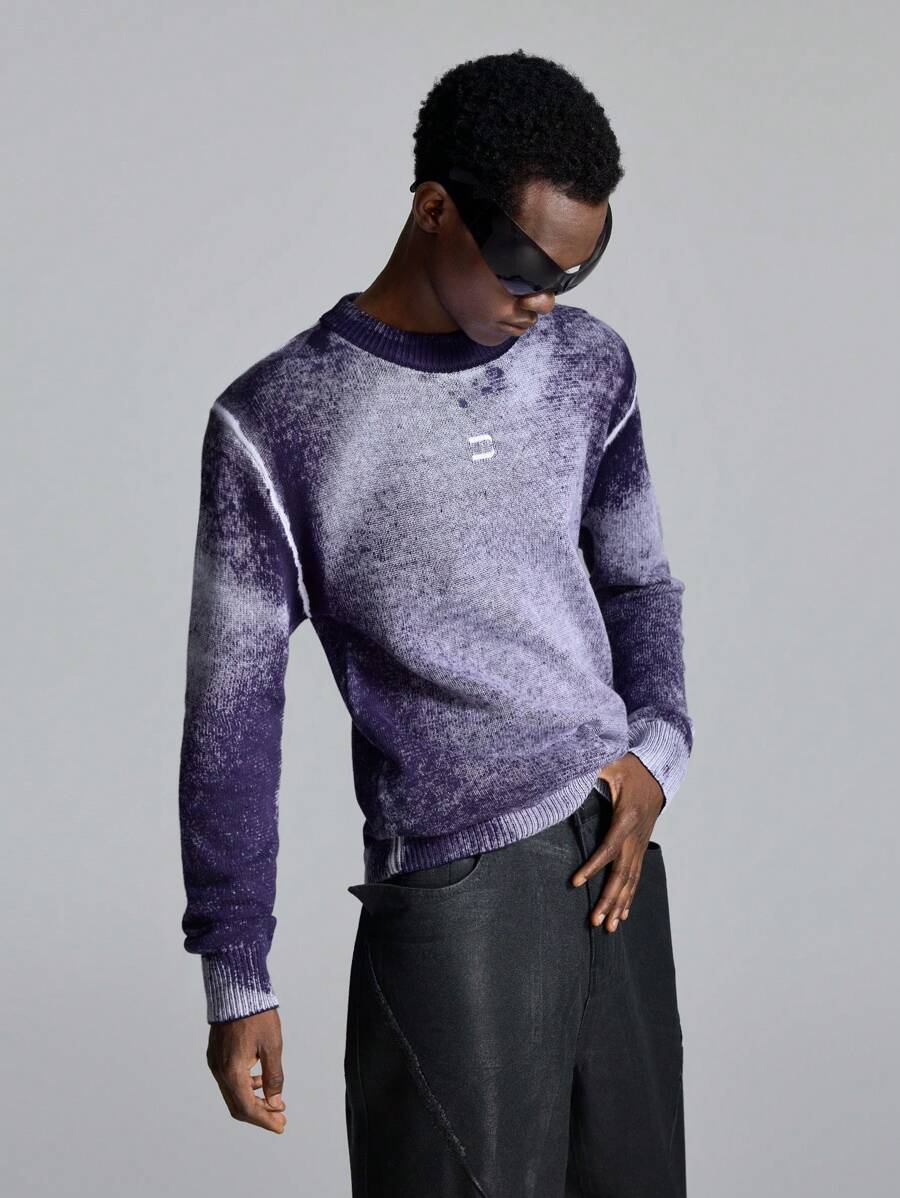 NEON BLANC Men's Gradient Embroidered Crew Neck Sweater, For Fall Winter - Purple - View 1