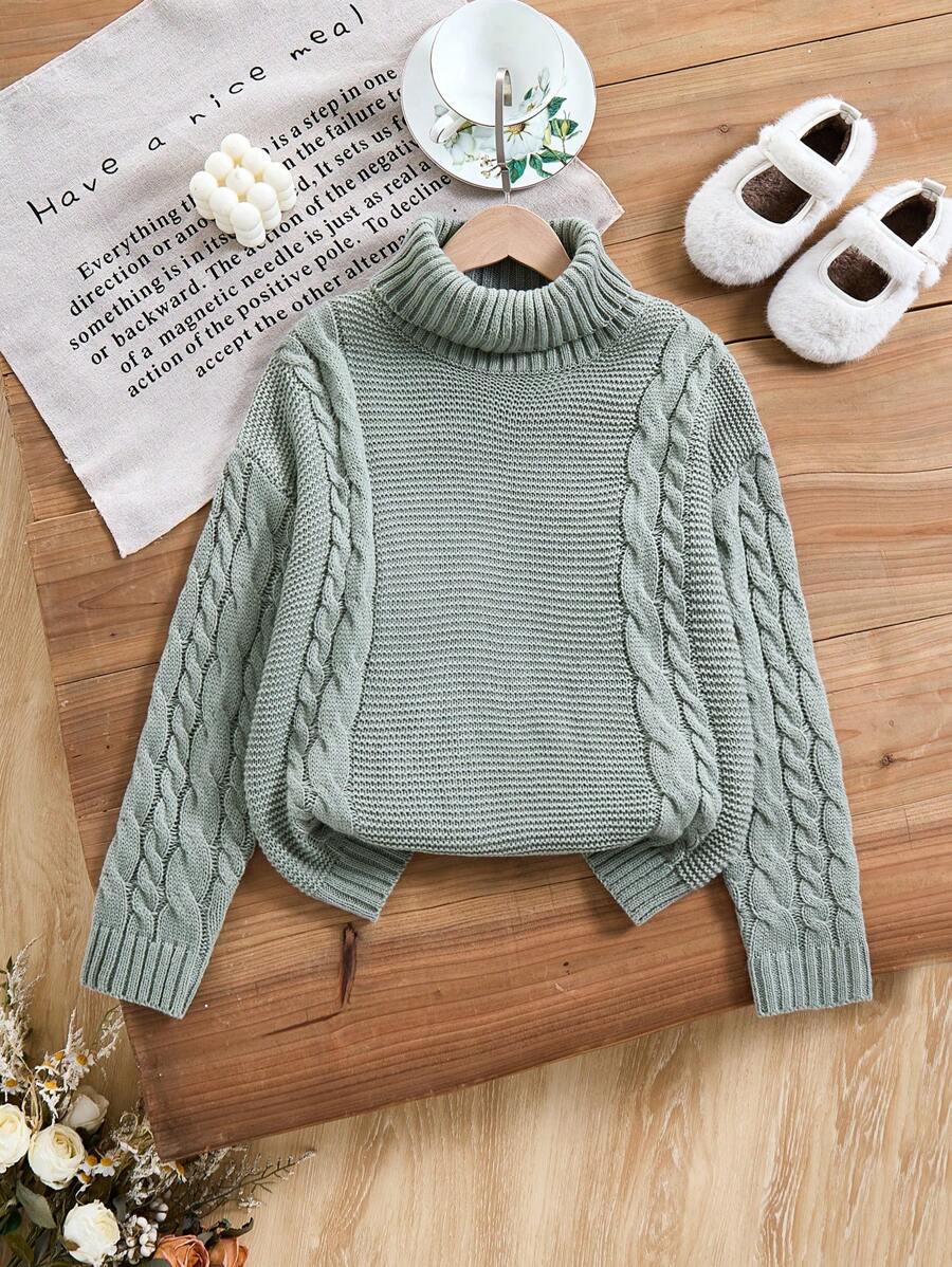 SHEIN Leap Crew Tween Girl 休闲家居服 灰色 & 绿色麻质纹理针织高领毛衣