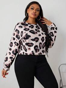 SHEIN PETITE CURVE 大码圆领长袖豹纹简约休闲 T 恤 - 杏色 - 查看 3