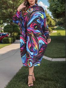 SHEIN LUNE Plus Size Casual All-Over Print Crew Neck Long Sleeve Dress, Autumn Fall Cloth For Women - Multicolor - View 3