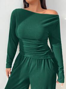 SHEIN EZwear 2pcs Set Solid Color Long Sleeve Top And Pants Plus Size Knit Skinny Suit For Women