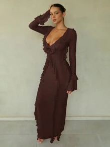 SHEIN BAE 女款棕色調深V領荷葉邊長袖洋裝，優雅性感極簡設計，適合秋季雞尾酒會、夜生活、約會、婚禮 - 咖啡棕 - 查看 5