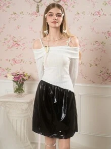 2 Stücke/Set für Teenager Mädchen, modisch lässig elegantes Off-Shoulder Blumen Dekor Asymmetrisches Saum Langarm T-Shirt und Kunstleder A-Linien Rock, perfekt für Partys - Verschiedenfarbig - Übersicht 3