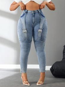 SHEIN SXY Plus Size Damskie Elastyczne Niebieskie Stylowe Guziki Projekt Skinny Jeans - Niebieski - Zobacz 7