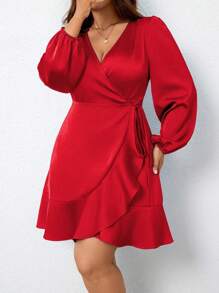 SHEIN Clasi 大码纯色灯笼袖侧系带装饰缎面长袖连衣裙，适合新年穿着 - 紅色 - 查看 3