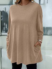 EMERY ROSE Kaos Wanita Ukuran Besar Kasual Polos Model Batwing Longgar Bahu Jatuh dengan Saku, Musim Semi dan Gugur - Khaki - View 5