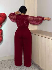 Slaydiva Kombinezon z brokatem i przezroczystym dekoltem w serek w dużym rozmiarze, gorący strój na wieczór walentynkowy - Burgund - Zobacz 2