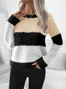 SHEIN LUNE Suéter holgado de punto casual con cuello redondo y mangas raglán de color contrastante, suéter de punto de otoño/invierno - Multicolor - Ver 3