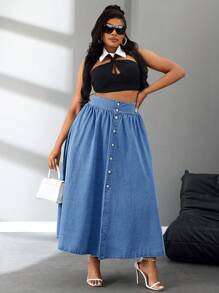 SHEIN SXY Plus Size Plain Front Button Up Casual Versatile Long Denim A-Line Skirt