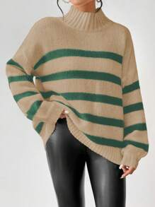 SHEIN LUNE Striped Pattern Stand Collar Casual All-Match Long Sleeve Pullover Sweater Knit Pullover Fall Winter - Brown - View 8