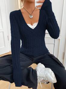 SHEIN EZwear Suéter de punto de cable sólido con cuello en V de 1 pieza de moda para mujer, suéter informal de punto de cable para primavera/otoño para mujer, suéteres holgados de manga larga con encaje de contraste y ajuste delgado, suéteres para mujer de manga regular marrón