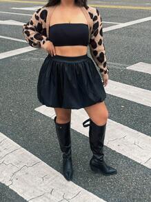 Flirla Plus Size Women Leather Casual Loose Puff Skirt, Suitable For Daily Wear In Summer - Black - View 5