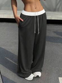 CovetEZ 大码女式休闲户外街头时尚撞色抽绳腰阔腿宽松宽松运动裤带斜口袋 - 灰色 - 查看 3