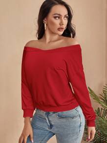 SHEIN SXY 简约纯色不对称领口运动衫，秋季休闲装 - 紅色 - 查看 4