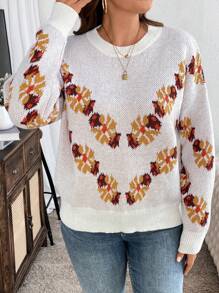 SHEIN LUNE Plus Size Women's Warm Comfortable Casual Western Style Floral Maple Leaf Autumn Pattern Jacquard Round Neck Pullover Autumn Winter Sweaterbusiness Casual Woman,Holiday Outfits,Country Tops