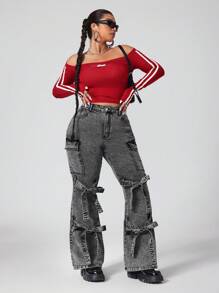 SHEIN ICON Große Größen Destroyed Multi-Taschen Y2K Straßen-Mode Schnür-Schlagjeans - Grau - Übersicht 3