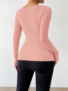 Chiquease 女式百搭罗纹长袖圆领弹力修身 T 恤上衣，适合秋季穿着 - 粉色 - 查看 2