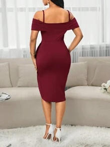 SHEIN Lady Váy dự tiệc Giáng sinh Váy dự tiệc sinh nhật Váy dự tiệc cưới Một vai trang trí hoa ba chiều Váy ngắn xẻ tà màu xanh nước Váy dự tiệc tối tụ họp Váy dành cho nữ - Màu Đỏ Sâu - Xem 2