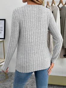 SHEIN 1pc Solid Color V-Neck Long Sleeve Brushed Knit Top - Light Grey - View 3