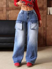 SHEIN EZwear 女士撞色口袋休闲宽松牛仔裤 - 藍色 - 查看 5