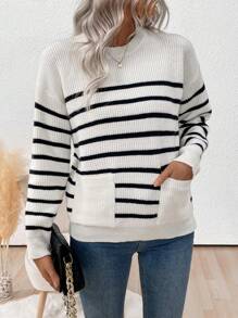 SHEIN LUNE Sweater Kasual Leher Bulat Motif Garis-Garis Blok Warna untuk Musim Gugur & Musim Dingin, Pullover Rajut Musim Gugur - Aprikot - View 6