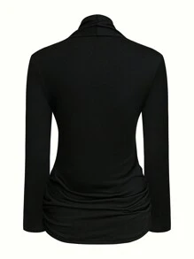 SHEIN Clasi Women's Solid Color Ruched Collar Fitted Long Sleeve T-Shirt For Autumn - Black - View 2