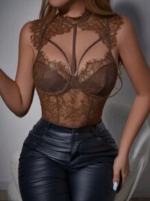 SHEIN LUNE 透明蕾丝镂空无袖性感紧身衣 - 棕色 - 查看 6