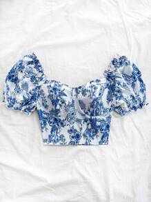 Soleia Women's Holiday Blue & White Floral Print Sweetheart Neck Puff Sleeve Ruffle Hem Patchwork Short Shirt - Multicolor - View 6