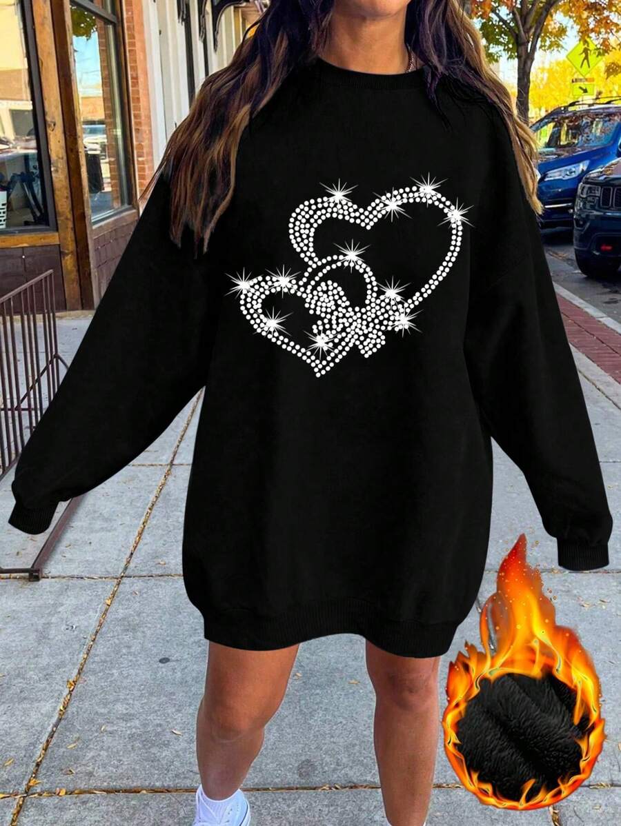 Calvaya Đầm ngắn thường ngày họa tiết trái tim cổ tròn tay dài cỡ lớn - màu đen - Xem 1