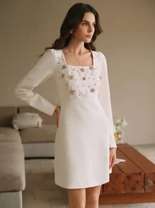 Anewsta 时尚法式设计铆钉水钻装饰独特别致感高贵优雅方领连衣裙 - 白色 - 查看 4