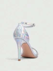 CUCCOO SZL 女士尖头水晶装饰踝带高跟凉鞋，时尚细高跟鞋，适合约会之夜和夜间外出，打造时尚造型 - 銀色 - 查看 8