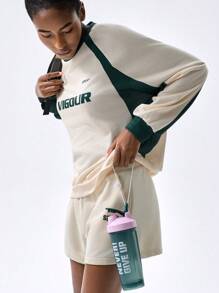 VARSITIE Moletom feminino com capuz, cor sólida, painel, gola redonda, manga comprida, estampa de letras, moletom esportivo casual - Multicolorido - Ver 3