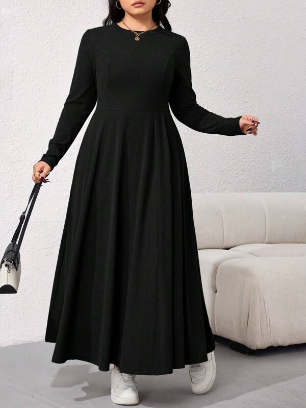 Mulvari Plus Size Women's Solid Color Round Neck Long Sleeve Casual Loose Long Dress, Autumn