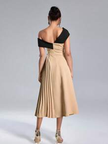 SHEIN Belle Vestido de fiesta elegante de mujer con bloque de colores, cuello asimétrico, cintura fruncida, para verano, semi formal, para fiesta de graduación, boda, invitados