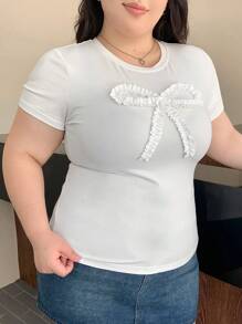 Dazy Plus Plus Size Bow Accent Fitted Short Sleeve Round Neck Crop Top, White, Spring/Summer Preppy Tops - White - View 8