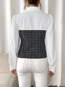 Chiquease 女士优雅领口拼色伪二合一泡泡袖衬衫，春/秋