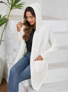 SHEIN LUNE 1 件休闲纯色长袖连帽开衫，秋冬 - 白色 - 查看 6